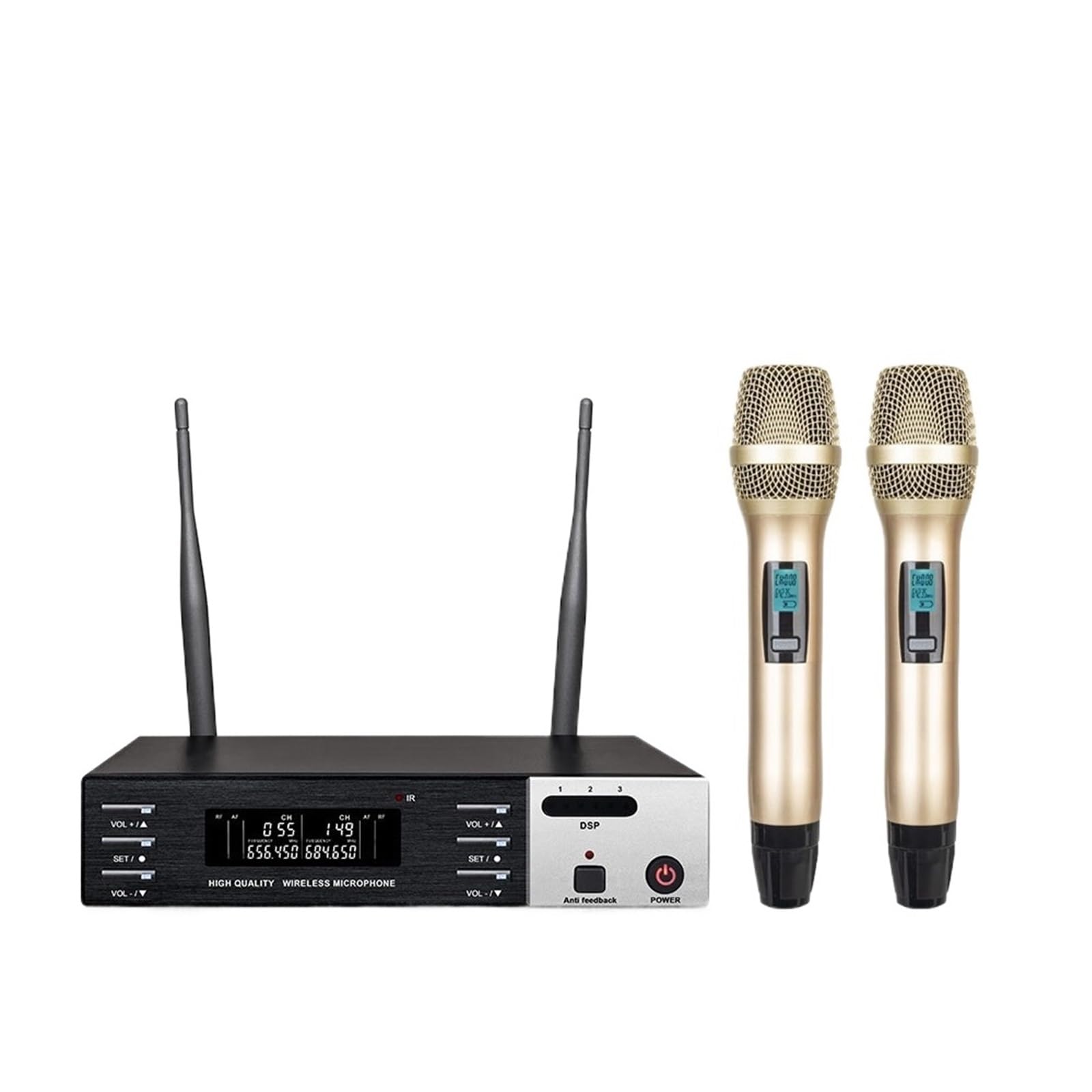 2-kanałowy Profesjonalny Mikrofon Bezprzewodowy UHF Home KTV Występ Na Scenie Ręczny 640~690 MHz Czysty OdbióR DźWięKu(Gold)
