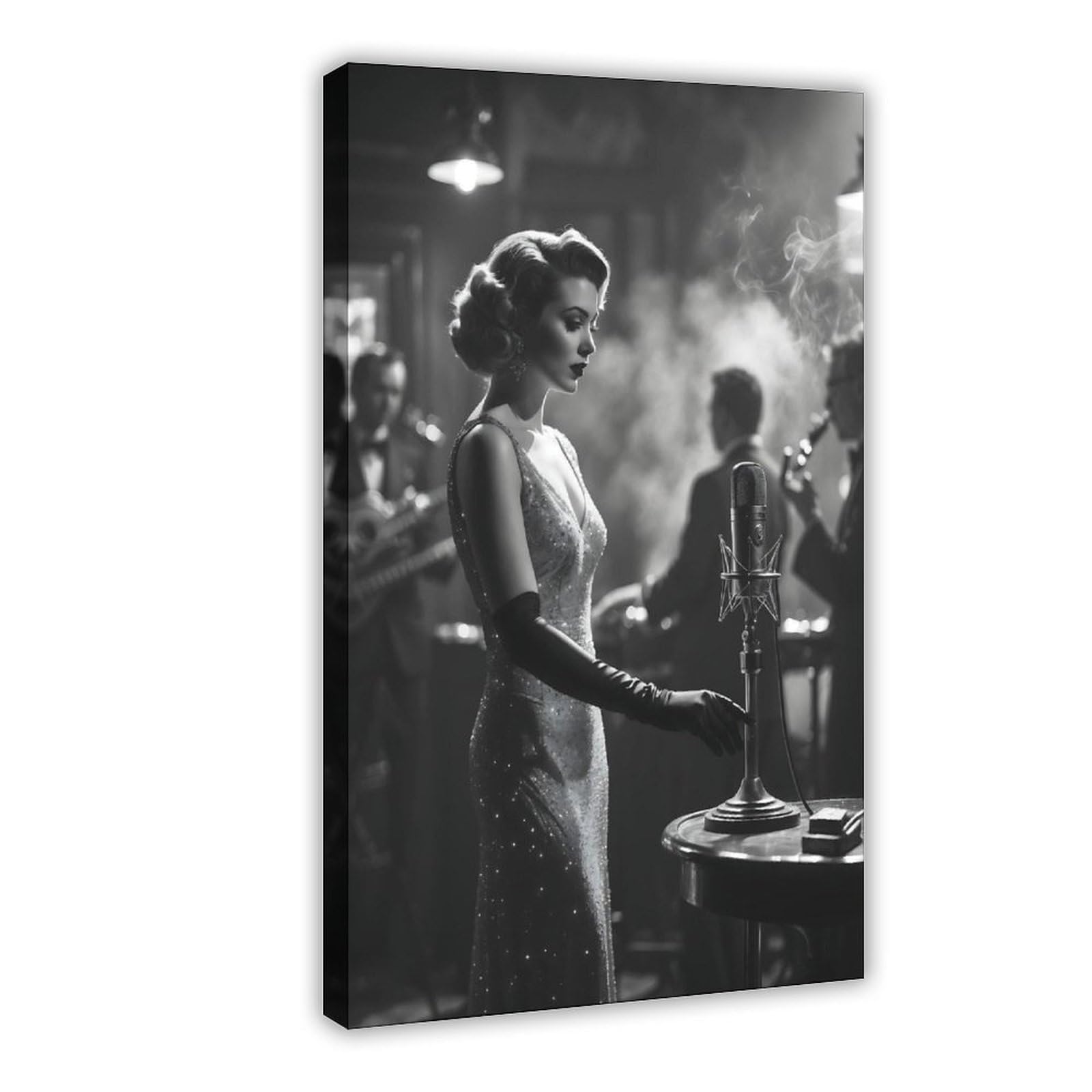 QIENAZIO Poster da parete in stile retrò con cantante jazz, musica in bianco e nero, elegante decorazione artistica da parete per camera da letto, ufficio, cucina, regalo, 60 x 90 cm