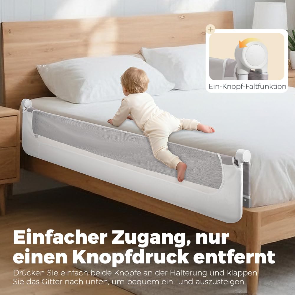 Playpals Baby Bettgitter 150 cm, faltbar & Aufgerüstete U-förmige Basis | 60 cm Höhe stoßfest, Knopf zum Zusammenklappen für den Zugriff, fester Ankergurt, für Queen-, King-, Twin- und Doppelbett