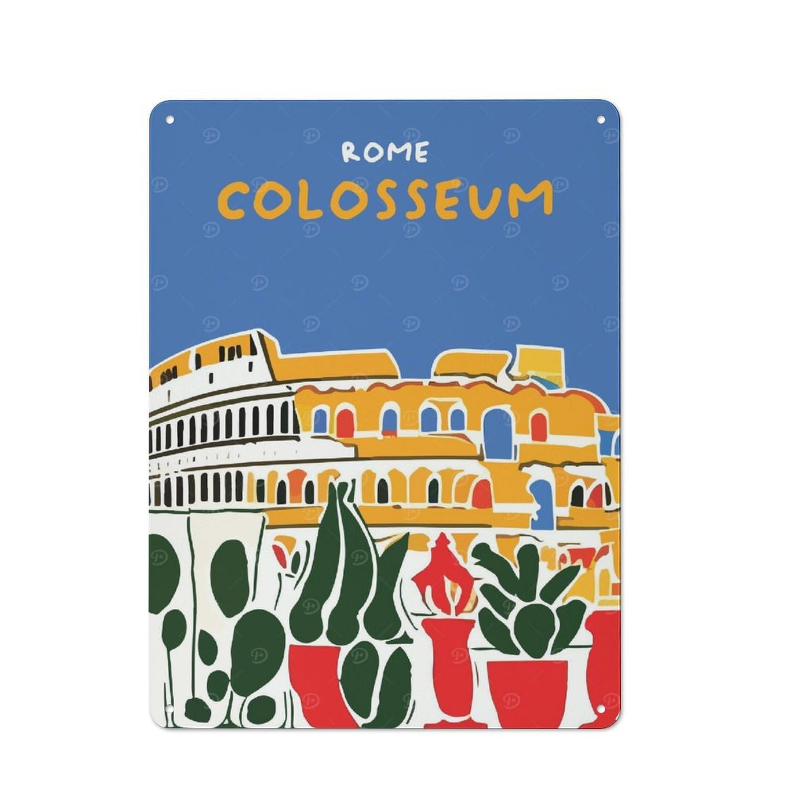 Metal Plaque with Rome Colosseum Design 40x30cm, Country Style Cafe Wall Decor for Bakery, Diner, Cafe Or Family Room