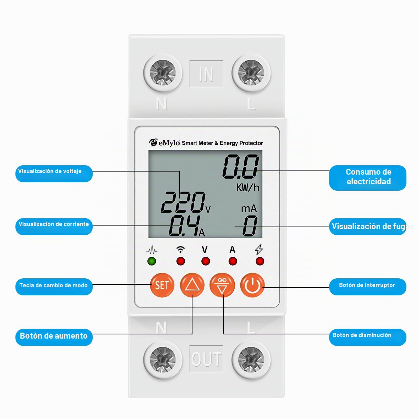 eMylo Medidor Inteligente de Energía Wi‑Fi Monofásico 63 A 80‑400 V, Monitor de Consumo en Tiempo Real con App Smart Life/Tuya, Protección y Control Remoto, Compatible con Alexa & Google