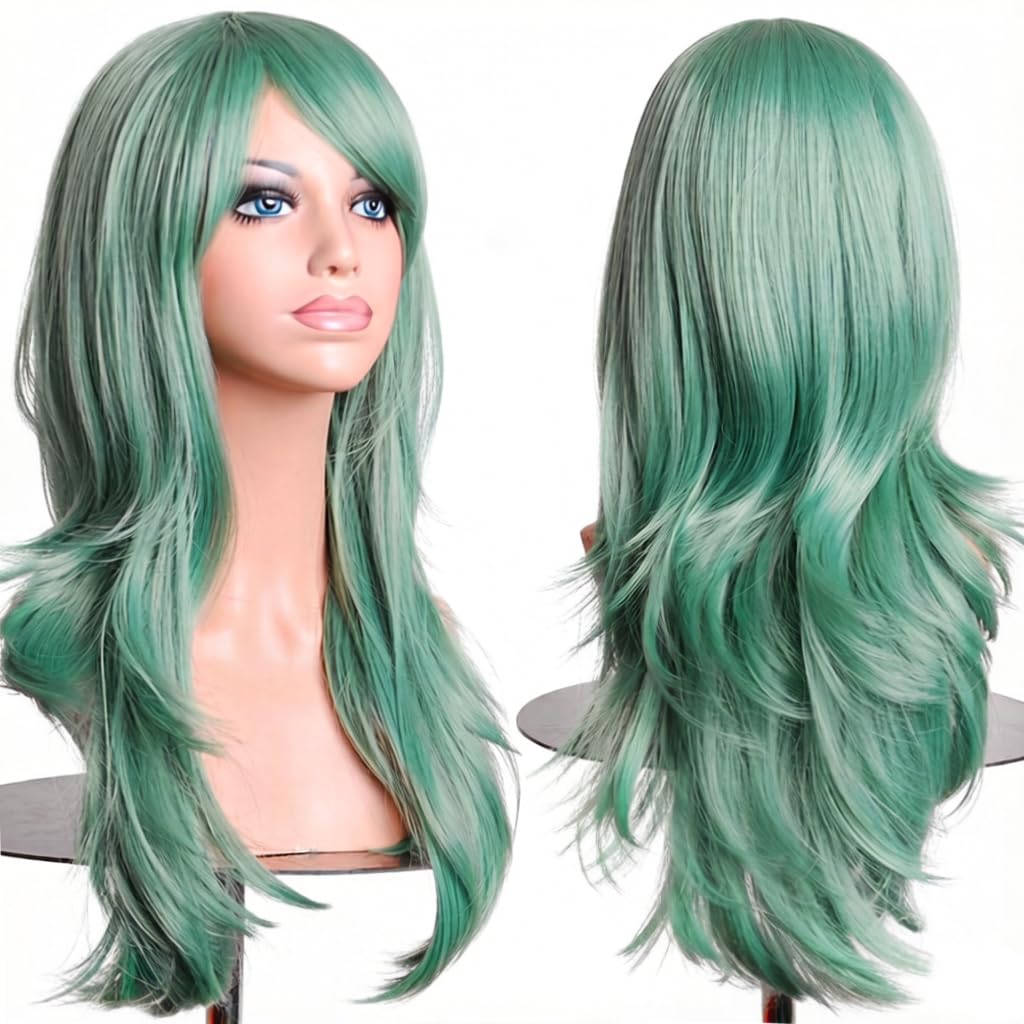 PORSMEER 70 cm/28 inches Charming Long Wavy Full Hair Wig Anime Cosplay Halloween Costume Party Heat Resistant Synthetic Wigs for Women Girls (Mint Green)