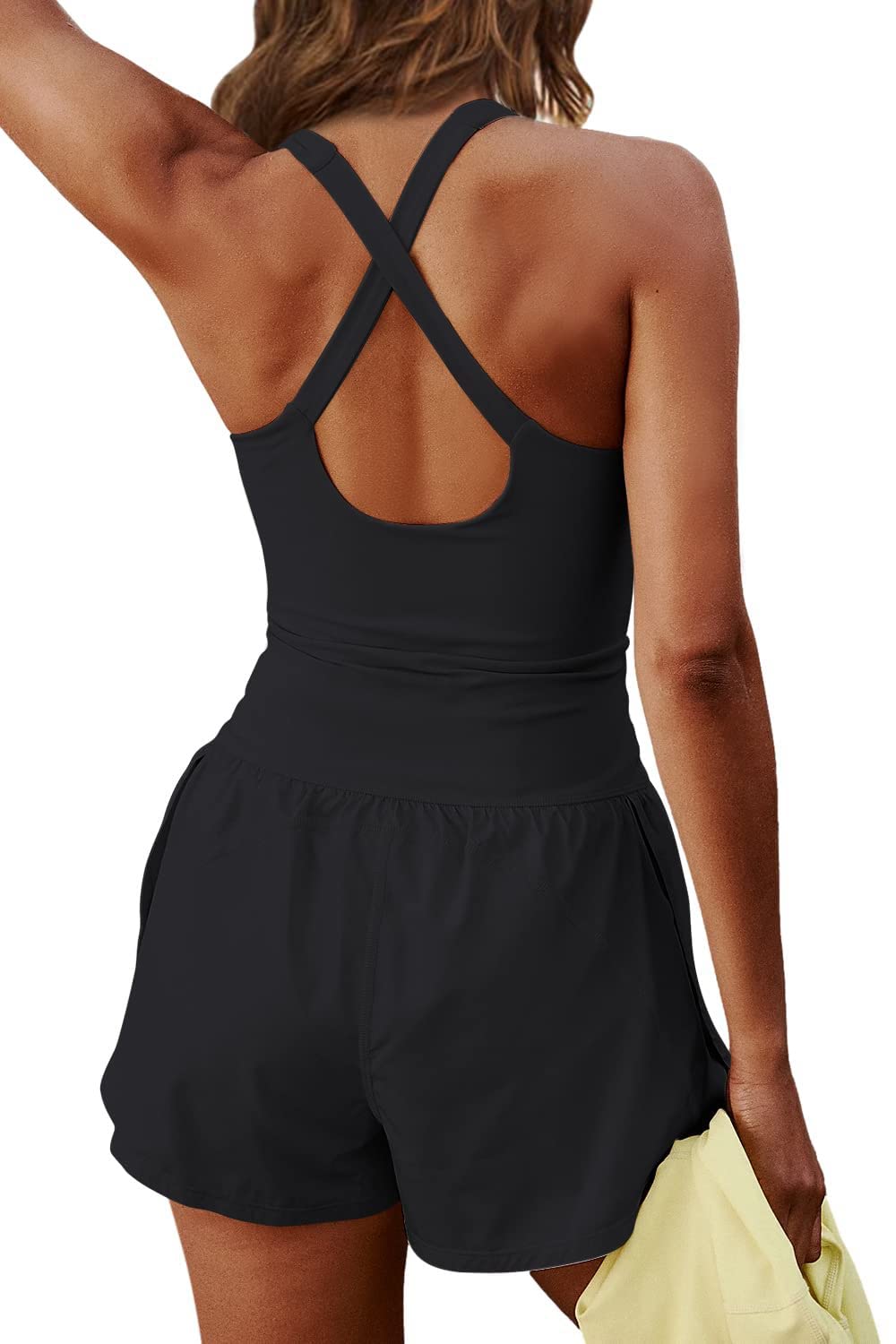 hixswnu Damskie śpioszki treningowe sporty na świeżym powietrzu kombinezon szorty + wycięty krzyż tył tank top siłownia joga ćwiczenia kombinezony