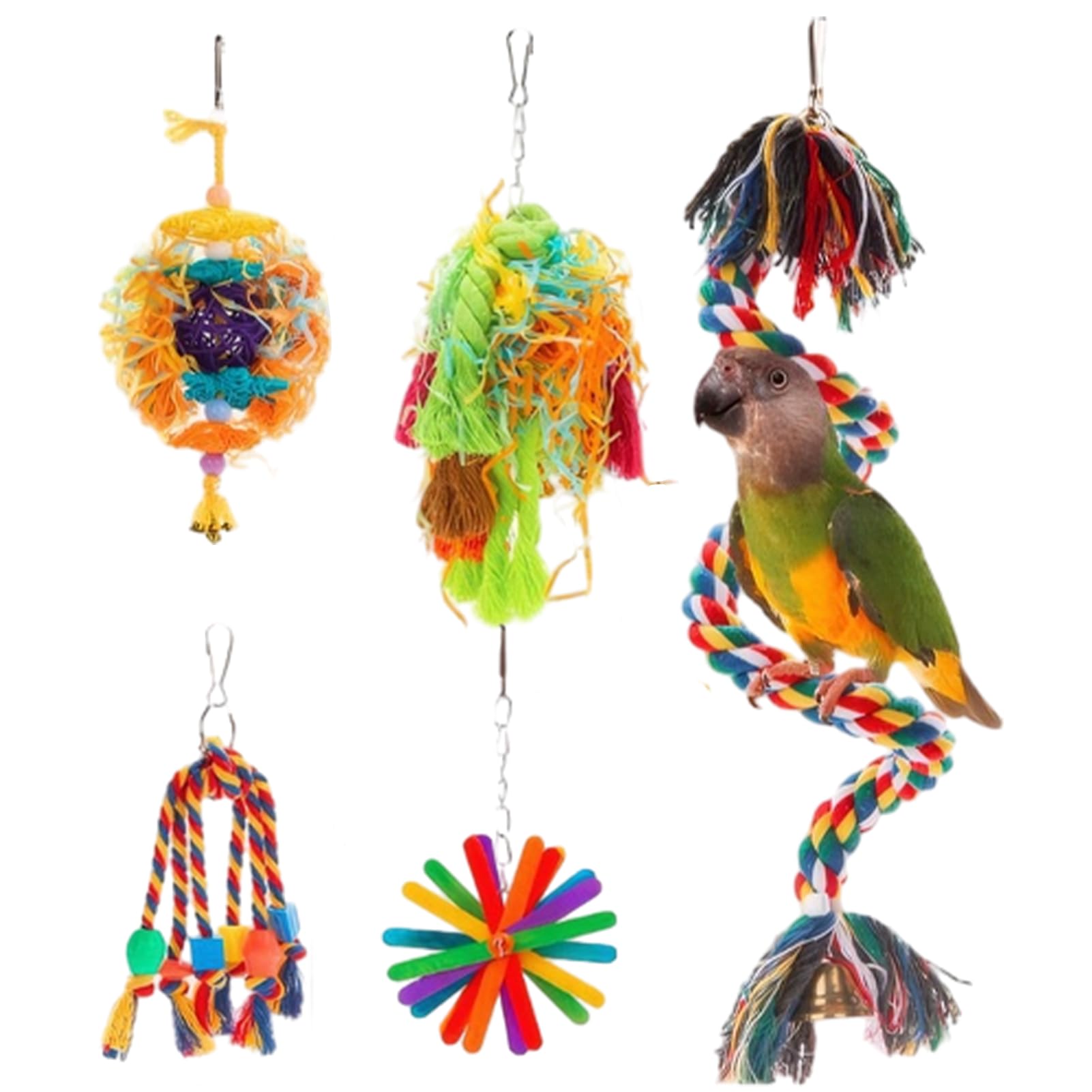 Vogelkauspielzeug | 5 Stück/Set Kauspielzeug für Sittiche | Kauspielzeug für Sittiche mit Baumwollse, Rattanball, buntes Käfigzubehör aus geschreddertem Papier für Sittiche, Wellensitti