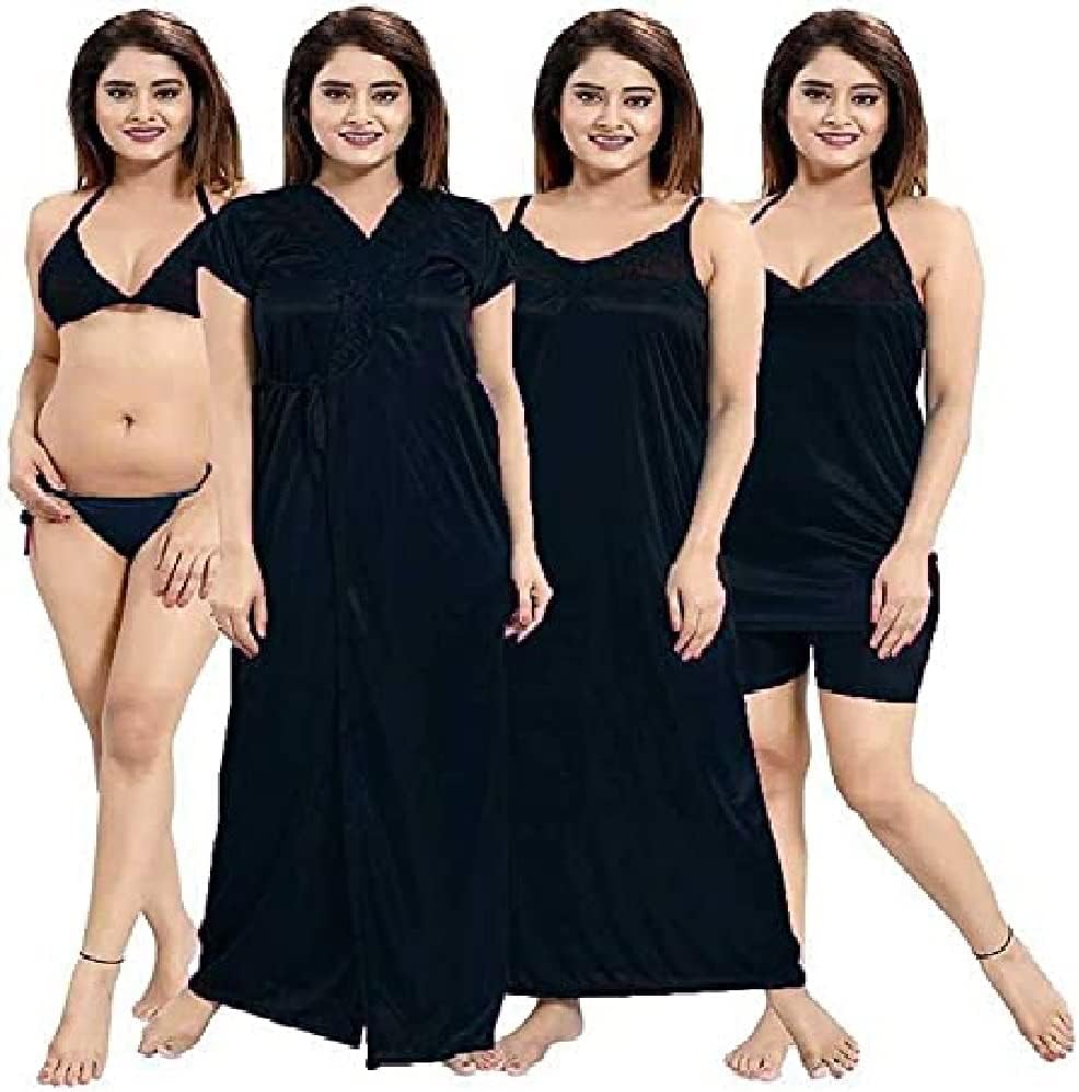 Satin Silk Maxi Night Dress Night Suits Nighty for Women's 6 Pcs Set