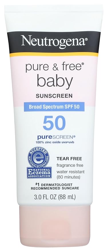 Neutrogena Pure & Free Baby Mineral Sunscreen Lotion with Broad Spectrum SPF 50 & Zinc Oxide, Water-Resistant, Hypoallergenic & Tear-Free Baby Sunscreen, Paraben-Free, Dye-Free, 3 fl. oz, 1 Pack