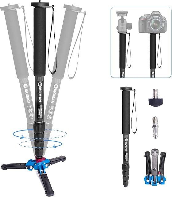 Carbon Fiber DSLR Monopod, Moman C65 Camera Tripod with Feet, 10kg Max Payload 165cm Max Height 5-Section Leg, 1/4 & 3/8 Screw Mount for DSLR Mirrorless DV, Carbon-Fiber-Monopod-DSLR-Camera