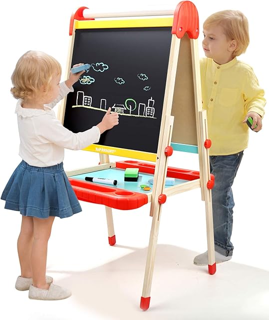 Top Bright Childrens Painting Easel and Blackboard, Wooden Art Easel for Kids, Childs Chalkboard Easel for Toddlers