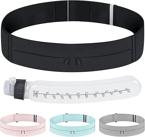 Riñonera negra para correr para mujeres y hombres (23-33 pulgadas) con soporte para botella de agua, cintura de hidratación ajustable, bolsillo