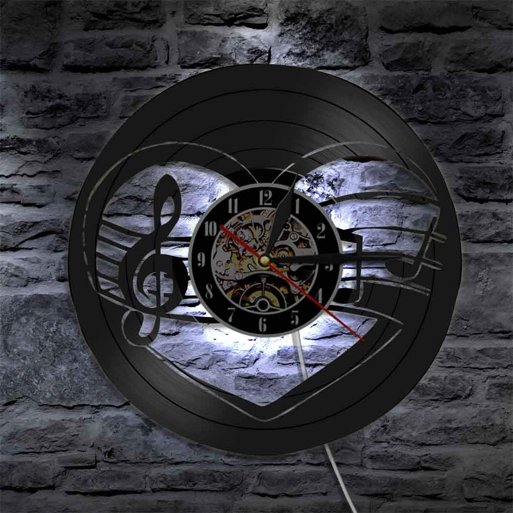 Note musicali Cuore Orologio con disco in vinile Chiave di violino Cuore Orologio da parete Musica Studio Decorazione della parete della stanza Musicisti Regalo di San Valentino Regali per la festa