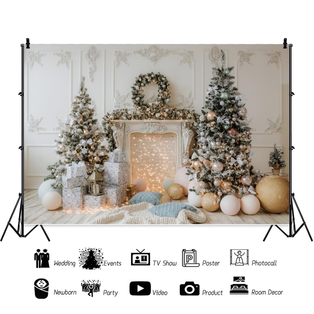 Tło fotograficzne na Boże Narodzenie, do fotografii, scena bożonarodzeniowa z białym kominkiem, zimowe tło do zdjęć bożonarodzeniowych, winylowe, 30 x 10 m