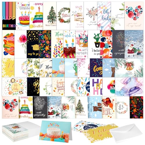 Glenmal 200 Pack All Occasion Cards Assortment with Envelopes and Stickers Bulk 4 x 6 Inches Greeting Housekeeping Week Wedding Birthday Baby Shower Sympathy and Thank You Cards, 40 Styles