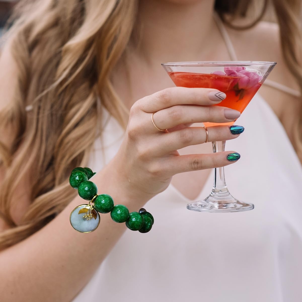 Heavens Tvcz Natural Green Jade Round 14 mm Gems Healing Energy Real Bracelet Bangle for Women Charms with Pendant Jade Coin Donut Money Powerful Thai Prosperity Success, Elastic Rope Inner Lenth