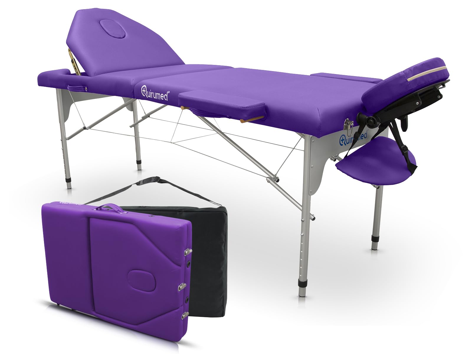 QUIRUMED massage table with key dimensions and weight indicated