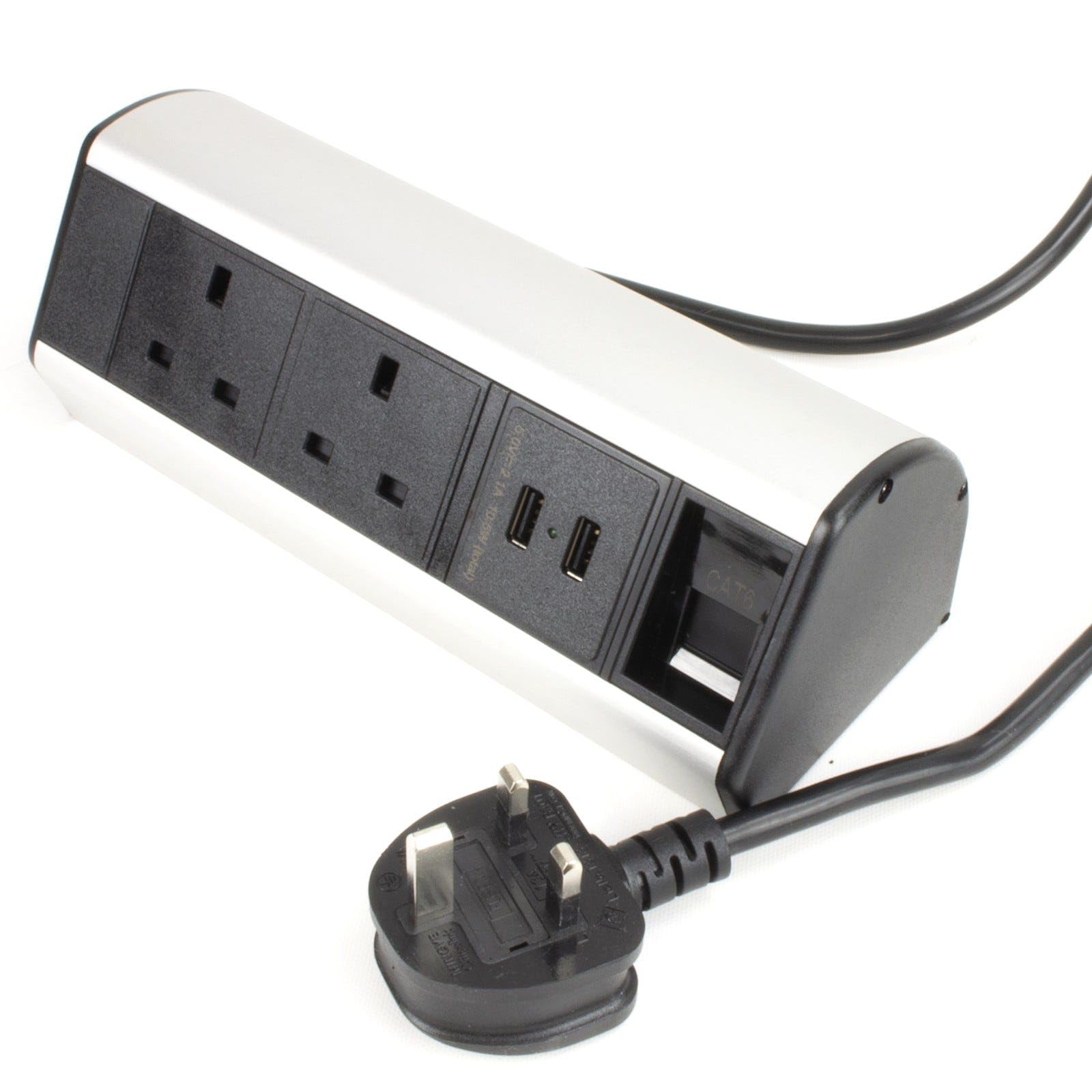 kenable Desktop Power Distribution Unit 2 UK Sockets 2 USB Ports RJ45 Gigabit Ethernet Desk Mount PDU Black โ image 1