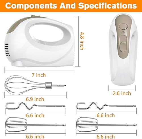 Miniatura 4 de Mezclador de mano  Mezclador de cocina portátil de 5 velocidades de mano eléctrico con 5 accesorios de acero inoxidable, batidor de alimentos, marfil