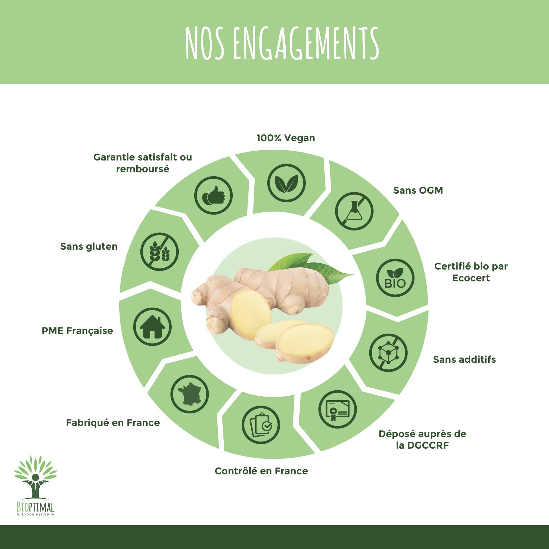 Gingembre Bio - Bioptimal - Complément alimentaire - Energie Mal des transports Digestion Sexualité - Poudre de Racine - 270 mg par Gélule - Fabriqué en France - Certifié par Ecocert - 200 gélules