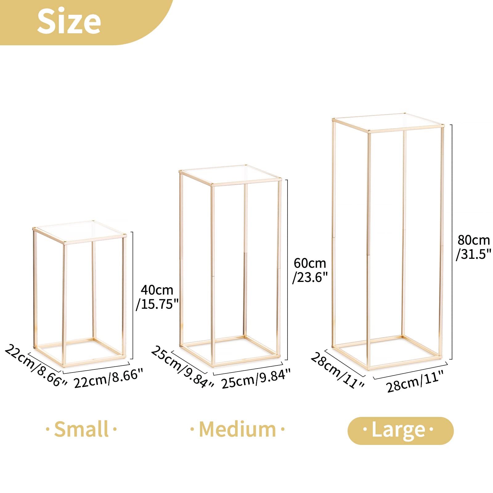 NUPTIO Gold Metall Blumenständer Vase: 80cm Hoch, mit Acrylplatte | 2 Stück, Rechteckige Geometrische Metallsäule, Blumenvasen für Hochzeit, Geburtstag, Weihnachten, Halloween, Party Deko