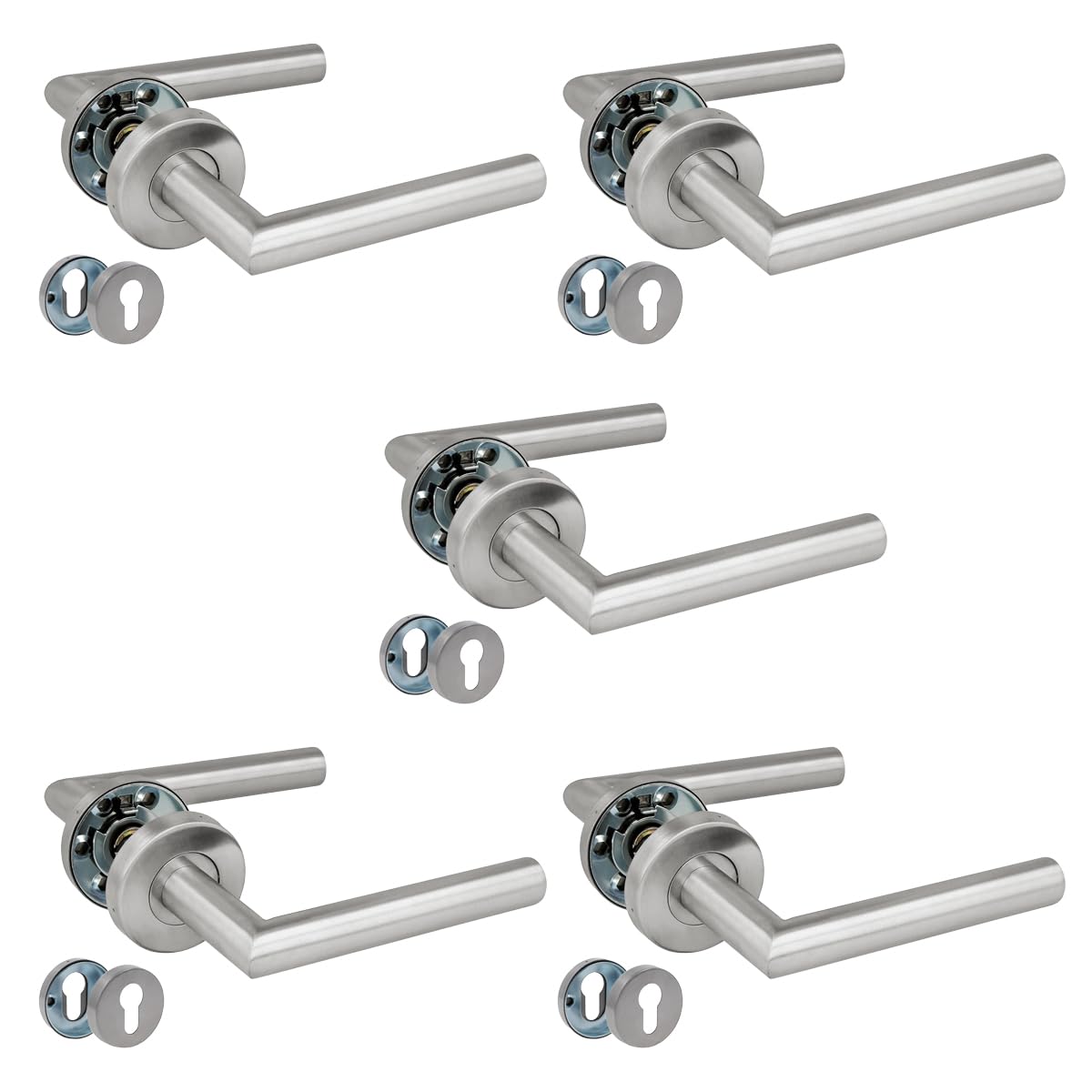 Amig Silver - Set Of 5 Handles With Rosette | 136 X Ø19 Mm | Elegant And Simple Design | Ideal For Your Home Or Office | Stainless Steel | Matte | Includes Euro Cylinder Keyhole Cover