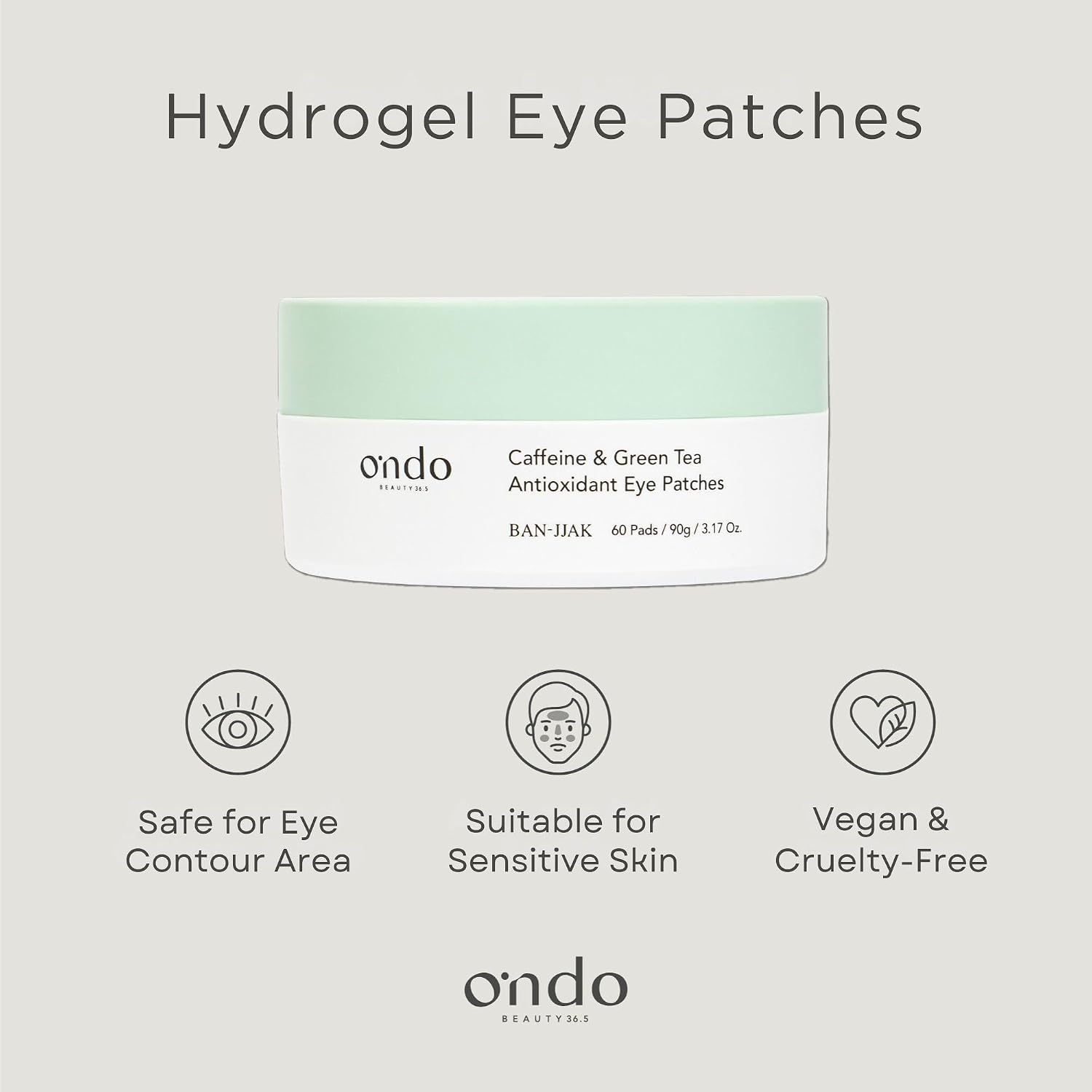 ONDO Beauty 36.5 Caffeine & Green Tea Antioxidant Eye Patches – Revitalizing & De-Puffing Hydrogel Patches, Reduce Wrinkles and Dark Circles | Korean Vegan Skincare | 60 pcs