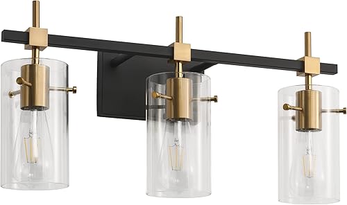 SOLFART Luces de tocador vintage para baño, lámpara sobre espejo para pantalla de vidrio de baño, luz negra y latón, estilo moderno, 3 luces