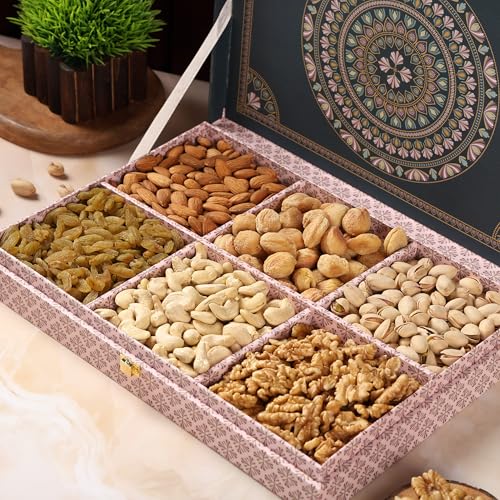 Image of Riwaz Luxury Matt Natural Dry Fruit Gift Box | Premium Hamper with Almonds, Cashews, Pistachios, Walnuts, Raisins & Khumani | 6-Section Gourmet Assortment for Corporate, Wedding & Festive Gifting ( 650g )