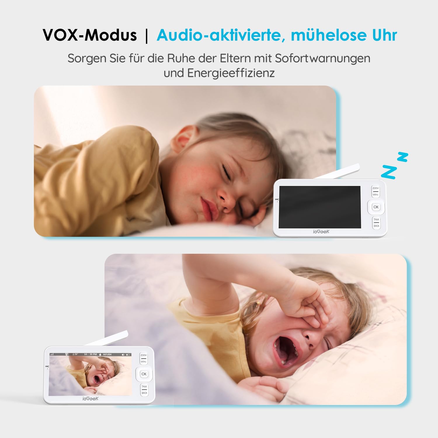 ieGeek Babyphone mit Kamera 1080P, App und 5 Zoll WLAN Video-Babyfon mit PTZ 355°, 4-Fach Zoom, Zonenalarm, Bewegungs-/Geräuscherkennung, Temperatur- und Feuchtigkeitssensor, Nachtsicht