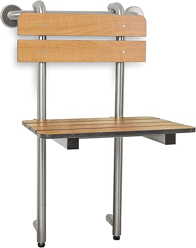 Seachrome Asiento de ducha portátil, banco de perfil, colgado por barra de agarre con respaldo y patas, teca (Modelo SSGBH-180160-PT)