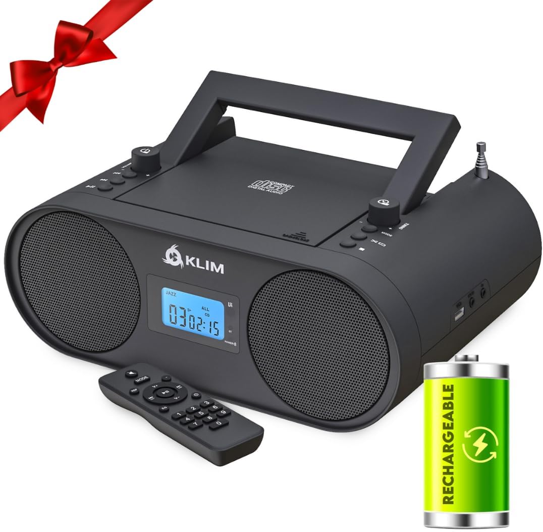 KLIM Boombox B4 CD Player Portable Audio System - NEW - AM/FM Radio with CD Player MP3 Bluetooth AUX USB - Wired & Wireless Mode Rechargeable Battery - Remote Control Autosleep Digital EQ