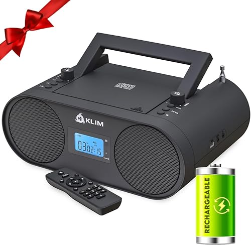 KLIM Boombox B4 Reproductor de CD Sistema de Audio Portátil - Nuevo - Radio AMFM con Reproductor de CD MP3 Bluetooth AUX USB - Batería Recargable