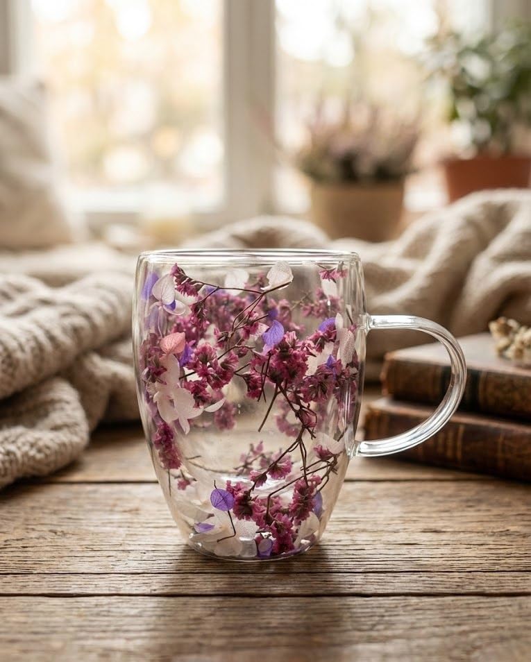 Image of Double Wall Glass Coffee Mug 350ml | Floral Tea Cup for Juice Coffee | Premium Gift for Birthday, House Warming, Secret Santa, Christmas | Double Walled Glass Espresso Cup.