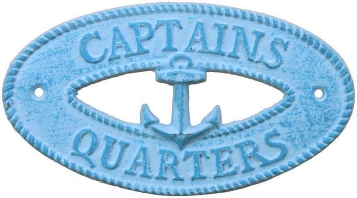 Hampton Nautical Light Blue Whitewashed Cast Iron Captains Quarters with Anchor Sign 8"-Decorative Metal Wall Art