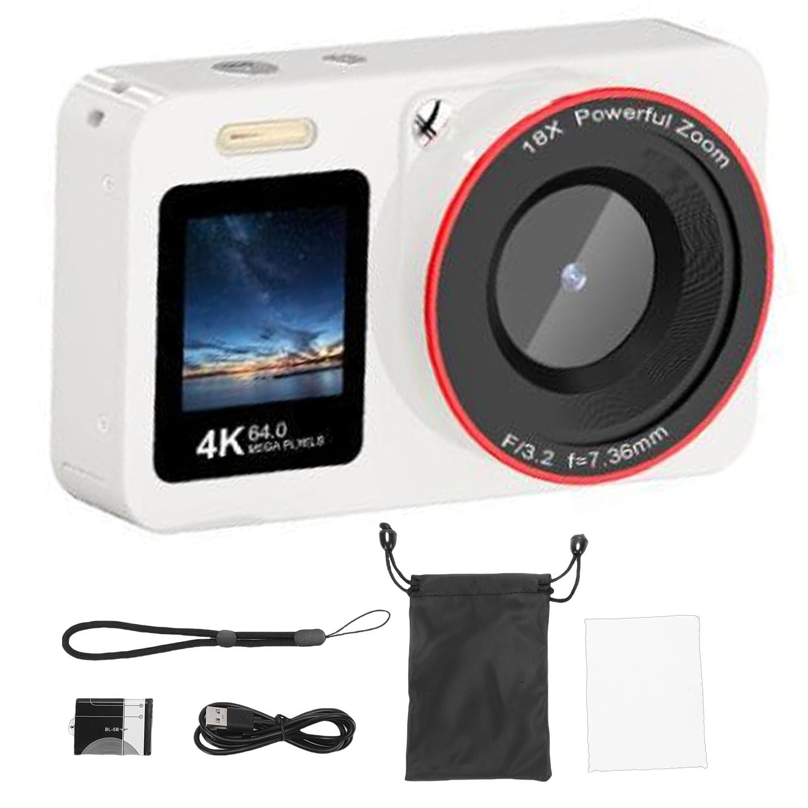 VBESTLIFE Fotocamera Digitale 4K per Fotografia, Fotocamera Selfie con Doppio Schermo HD da 64 MP e Zoom 18X, Flash Integrato, per Studenti Principianti e Adolescenti (WHITE)