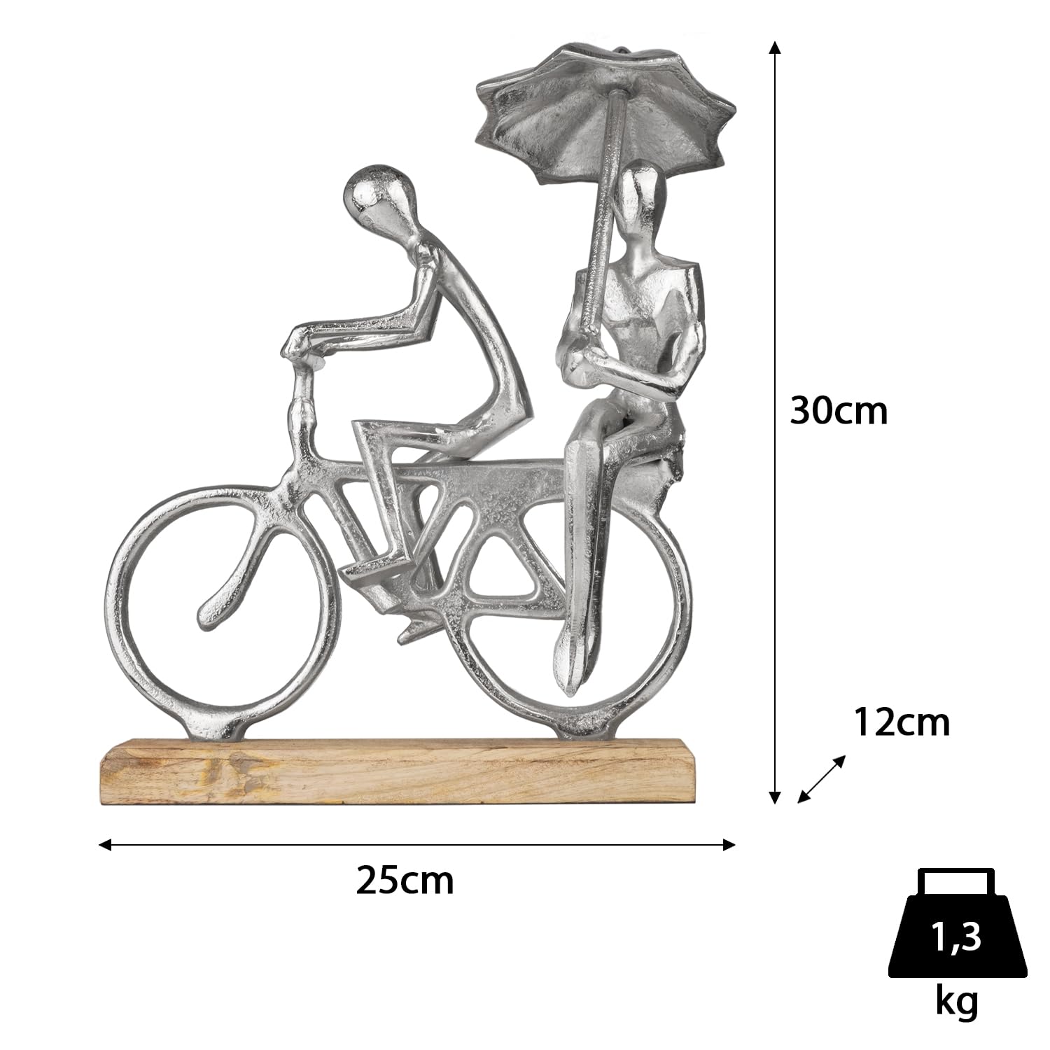 Figurka dekoracyjna para na rowerze z parasolem – nowoczesna rzeźba z aluminium na drewnianej podstawie – wysokość 30 cm – symbol miłości, spójności i spędzania wolnego czasu – stylowa dekoracja