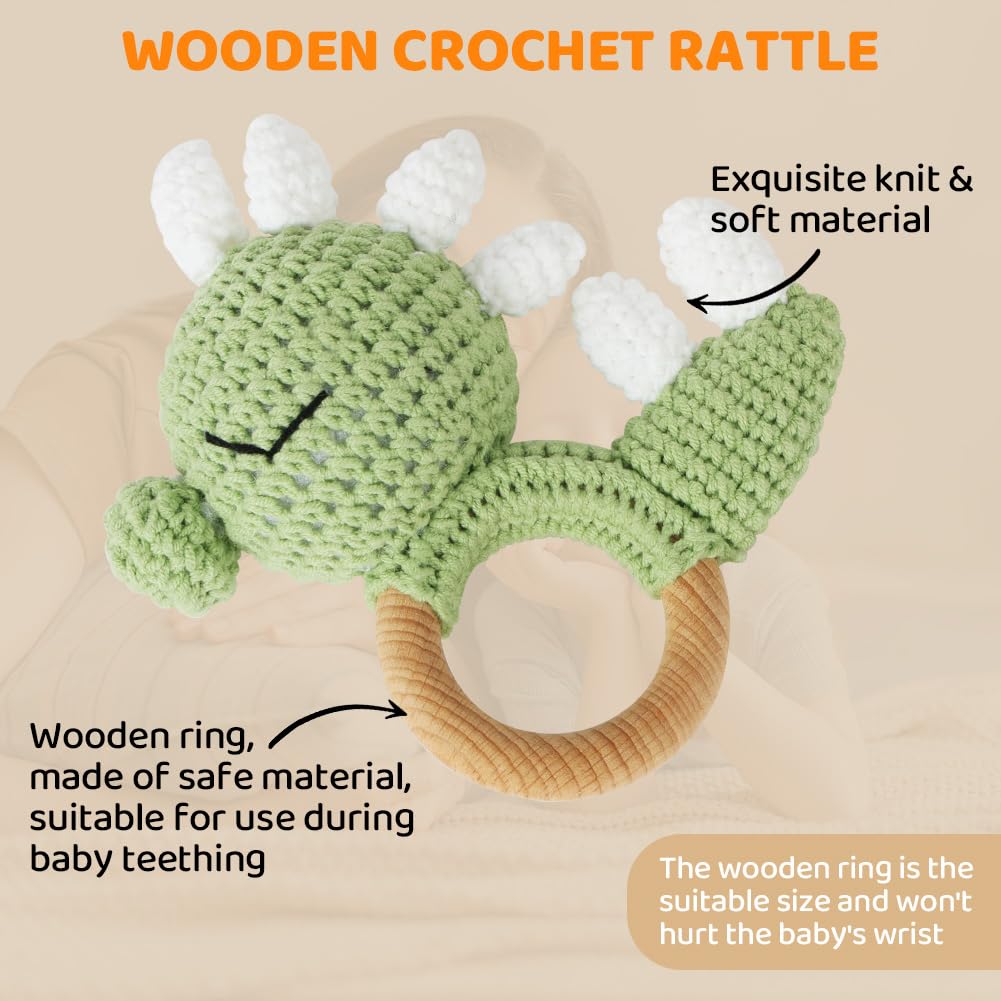 Vicloon Wooden Baby Rattle, Crochet Animals Soft Rattle Sensory Toys - Image 3
