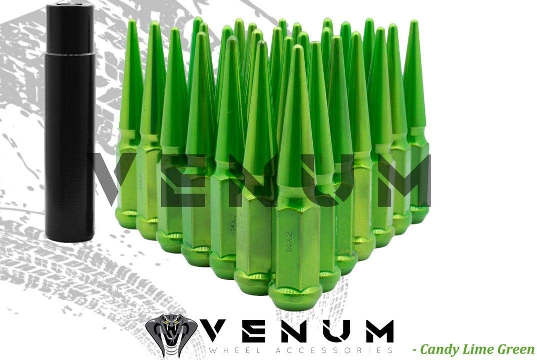 Venum wheel accessories 32 Pc Powder Coated Candy Lime Green Spike Lug Nuts | 14x2.0 | 4.5 inch Tall | 1 Piece Construction Compatible with Ford 1999-2002 F250 F350 8x170 Aftermarket Wheels