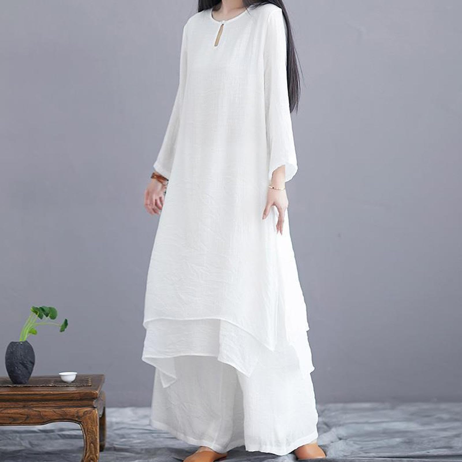 Abbigliamento Tai Chi da Donna in Seta e Lino, Uniforme Kung Fu, Tuta a Maniche Lunghe per Arti Marziali, per Meditazione Zen, Esercizi Mattutini,White-M