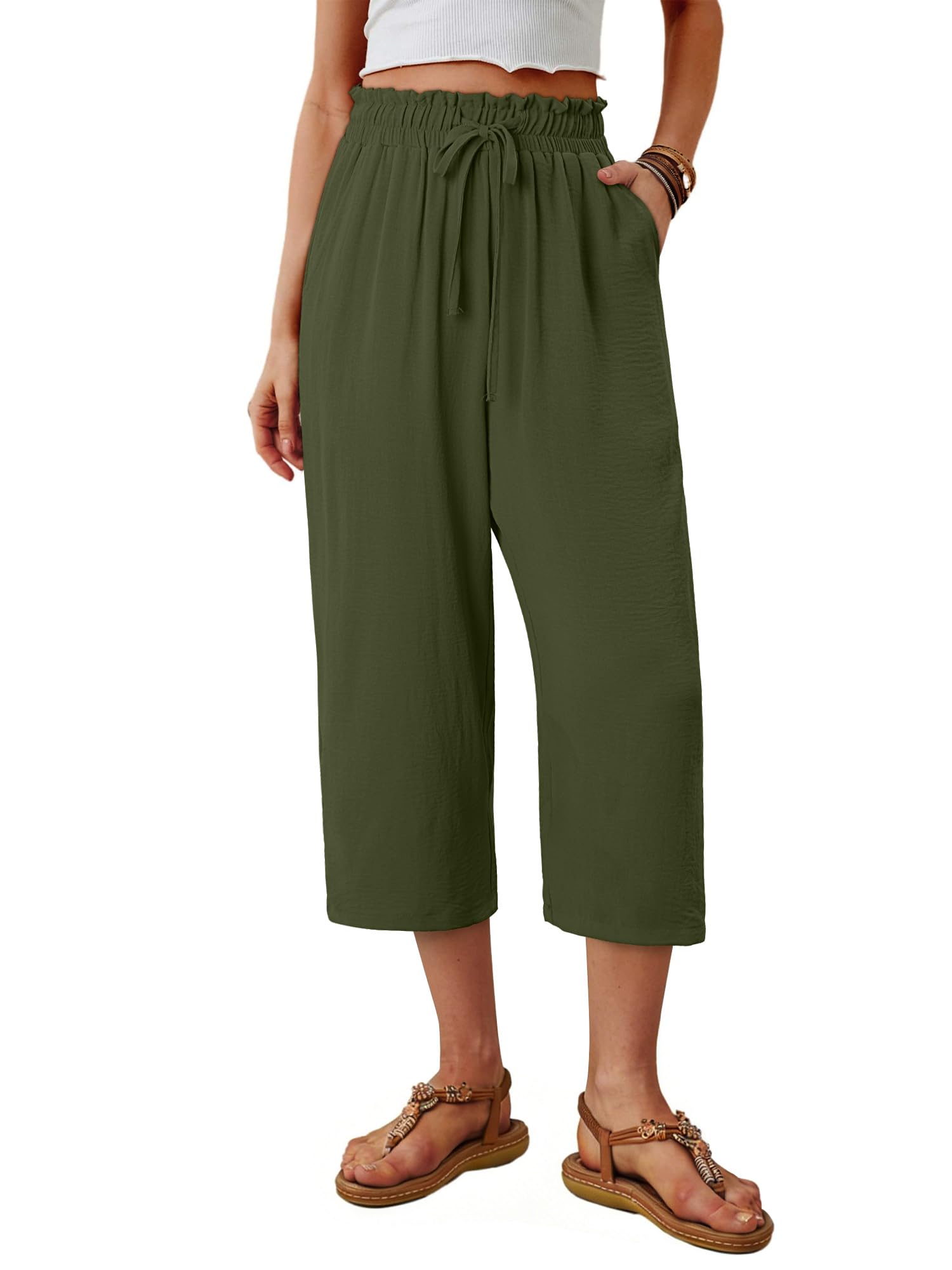 CRAZY GRID Womens Wide Leg Capri Pants Paper Bag High Waisted Trendy Flowy Summer Beach Cropped Palazzo with