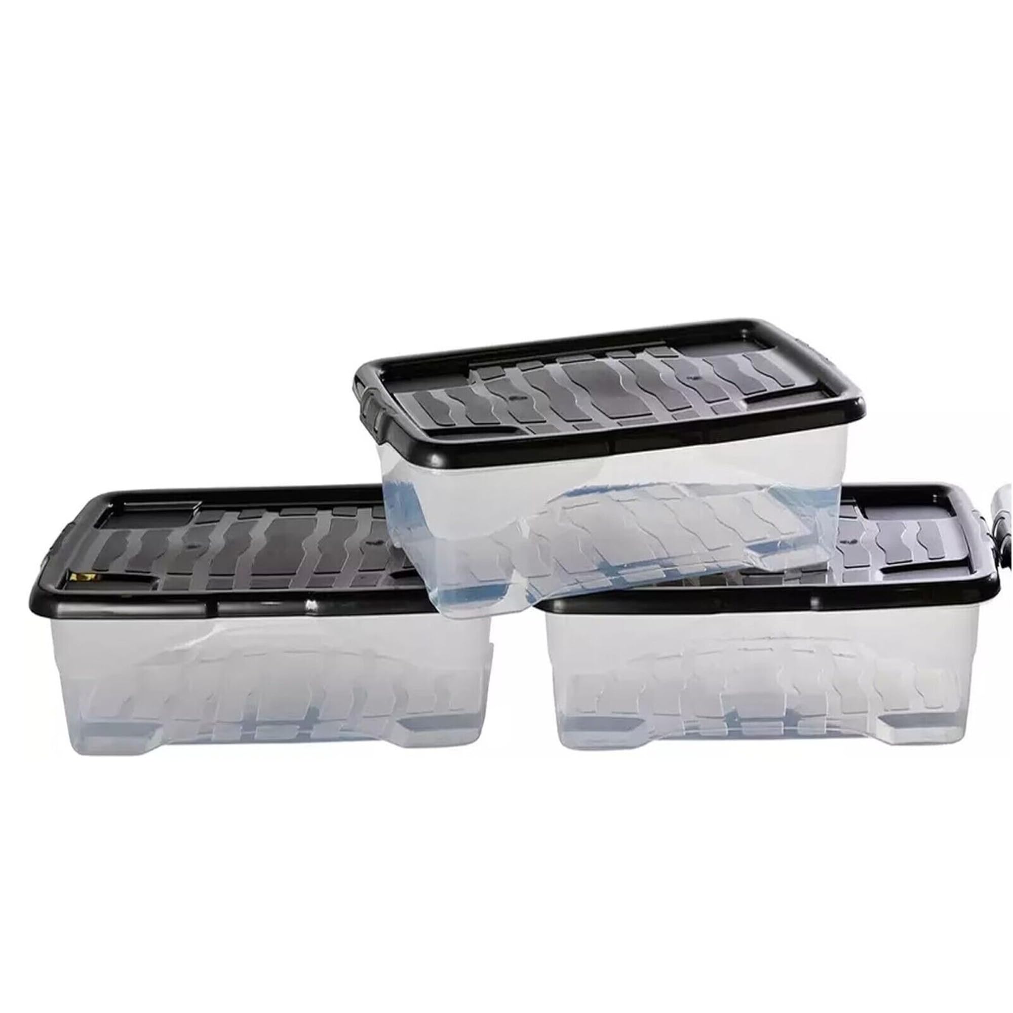 Pluto Packaging Black Pack Of 5 Underbed 30 Litre Clear Stackable Nestable Home Office Transparent Containers With Lids