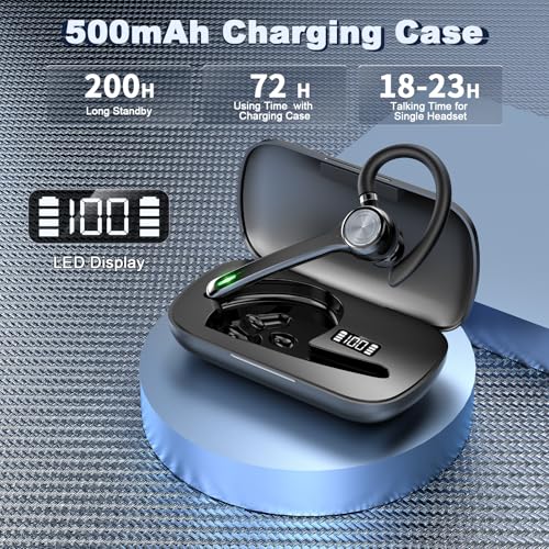 Image of HEIBAS Bluetooth Headset, Wireless Bluetooth Earpiece with 500mAh Charging Case 72 Hours Talking Time Built-in Microphone for iOS Android Cell Phone, V5.1 Hand-Free Headphones for Office-Bright Black