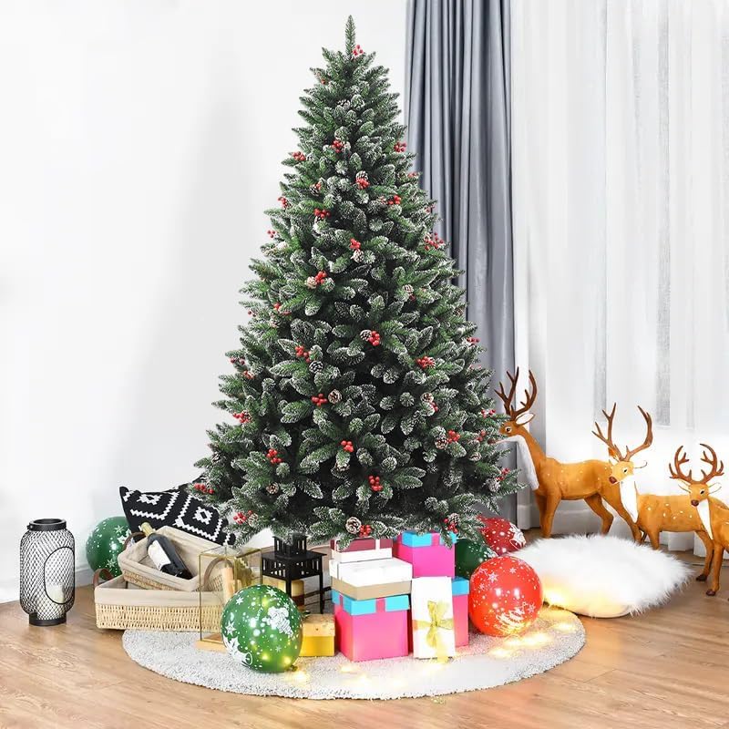 Image of Fizzytech 6 Feet Premium Artificial Christmas Tree with 944 Branch Tips, Snow Flocked Design, Red Berries & Pinecones, Metal Stand, Easy Assembly, Christmas Decoration for Home & Office