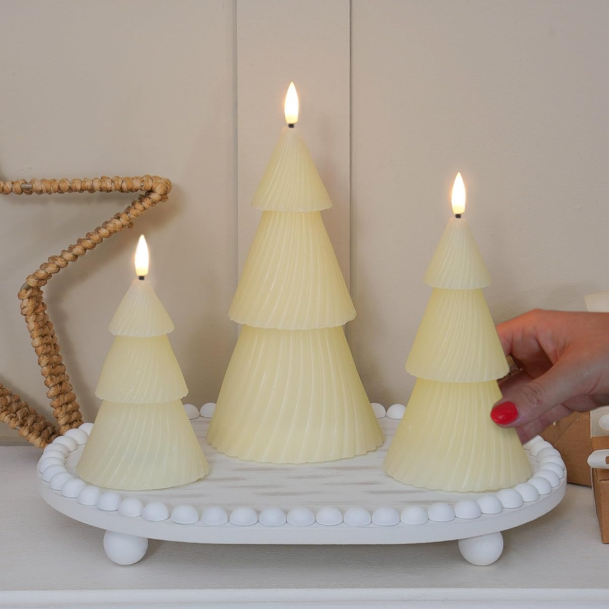 Festive Lights - 3 Pack Christmas Tree LED Real Wax Cream Candles - Battery Operated Indoor Warm White Light Up Seasonal Centrepiece Table Decorations with 6 Hour Timer
