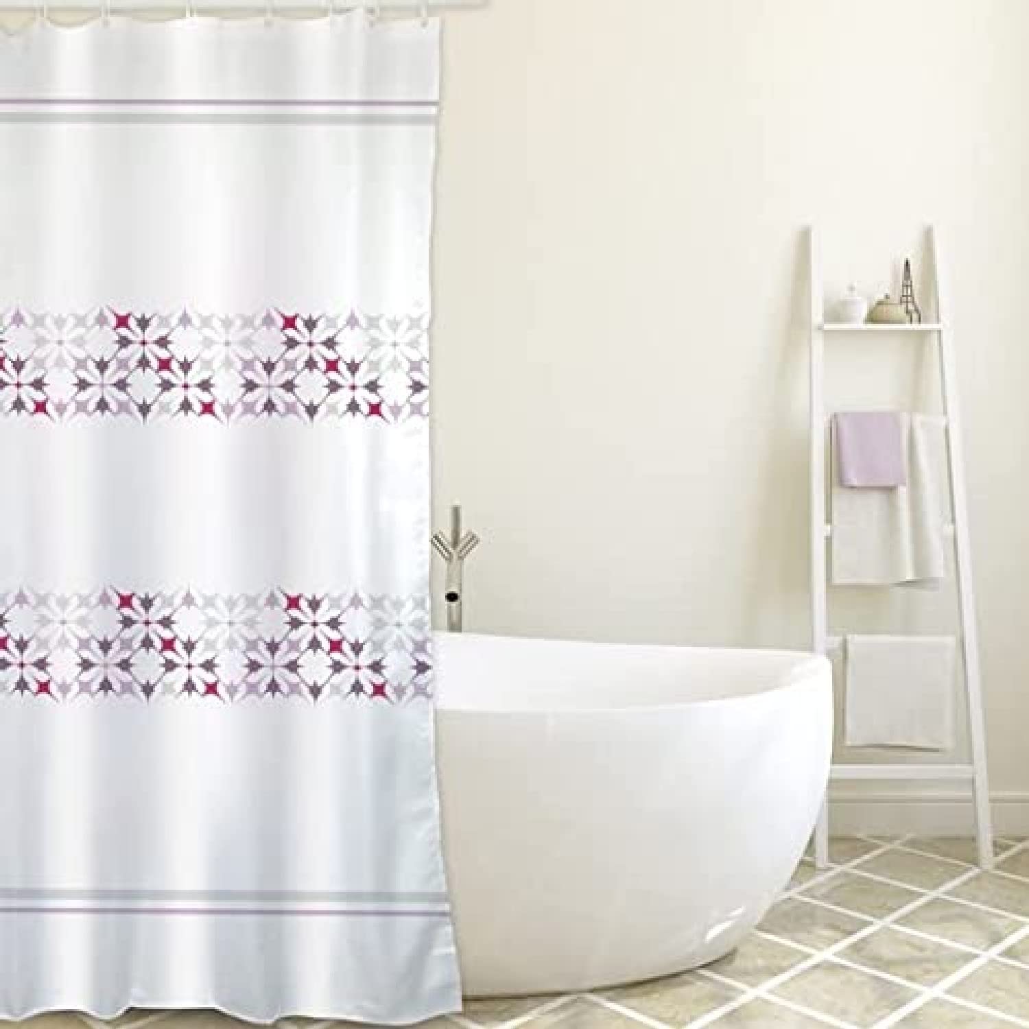 Rideau de douche rose et blanc 180x200cm Malta en polyester avec anneaux