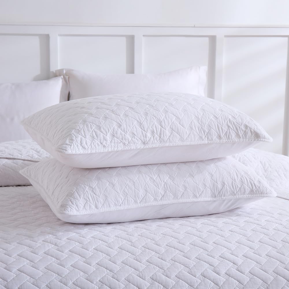 Cotton Quilt Bedding Sets Queen Size, 3 Pieces Reversible Lightweight Coverlets Comforters Bedspreads for All Seasons,Weave Stitching Pattern,White - Image 6