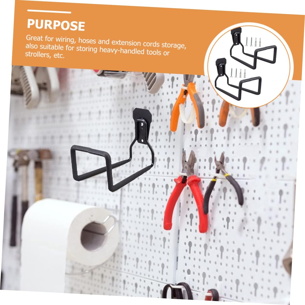 2pcs Heavy Duty Iron Hooks for Garage Storage Black Cord Holder Wall Mount Tool Hangers