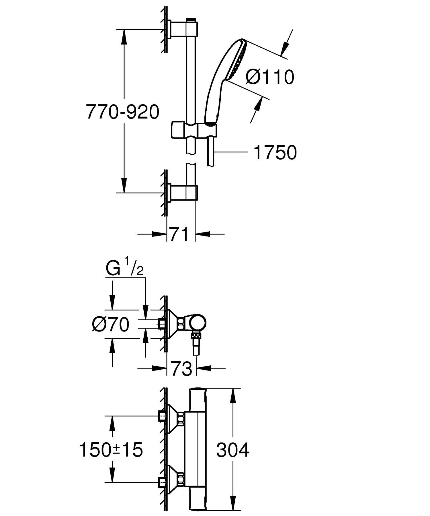 GROHE Precision Start Mitigeur Thermostatique Douche, Ensemble de Douche 1 jet avec barre 90cm, Economie d'Eau, Flexible 1,75m, Chromé, 34854001