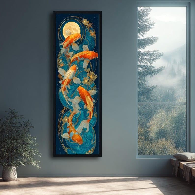 Tableau carpes koï lune bleu or cadre intérieur 55x165cm - 4