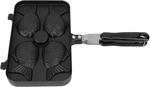 Miniatura 2 de Taiyaki japonés panqueque de aleación de aluminio 4 rejillas antiadherente doble cara Waffle Pan con mango negro anti escaldado