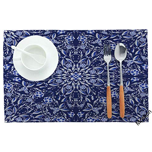 Moslion Circular Ornaments Floral Placemats,Chinese Painting On Porcelain Dark Blue Background Place Mats For Dining Table/Kitchen Table,Waterproof Washable Outdoor Dinner Table Mats,Set Of 4 #TOP1