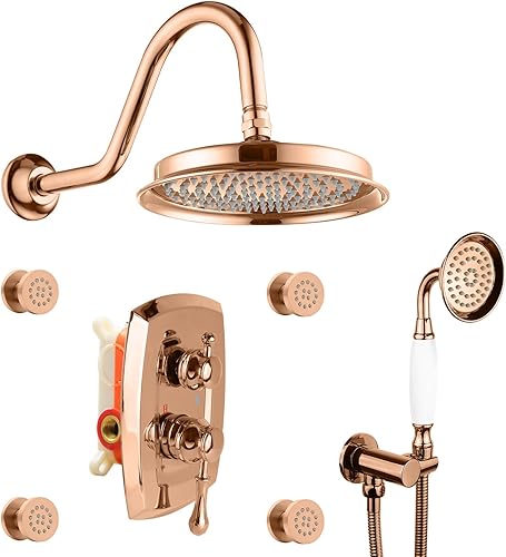 Miniatura 1 de ZYGOLVQ Sistema de ducha antiguo con chorros de cuerpo, cabezal de lluvia montado en la pared de 9 pulgadas y rociador de mano de cerámica de latón